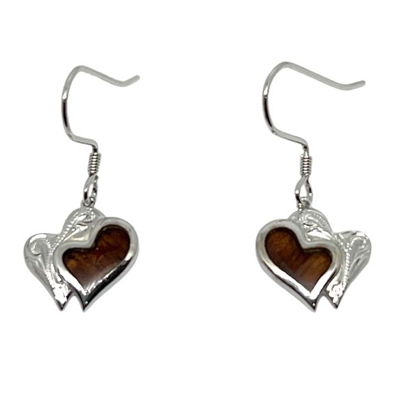 Sterling Silver Hawaiian Koa Wood Dangling Double Heart Fish Wire Earrings