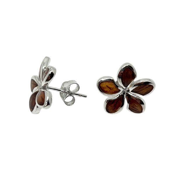 Sterling Silver Hawaiian Koa Wood Plumeria Posted Earrings 