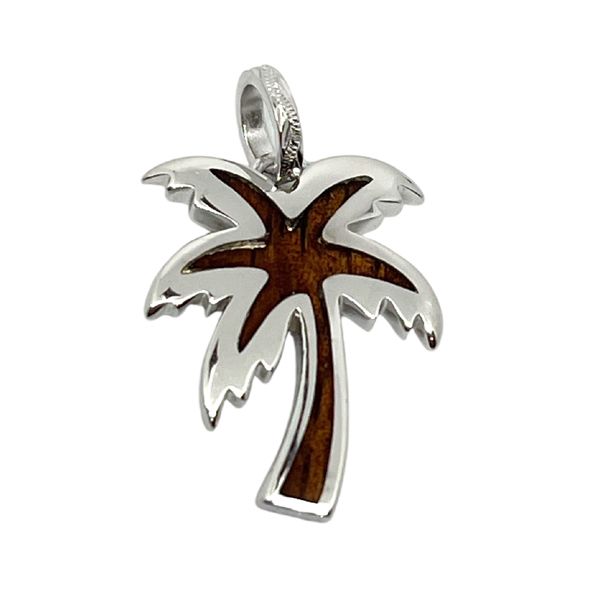 Sterling Silver Hawaiian Koa Wood Palm Tree Pendant with Engraved Bale